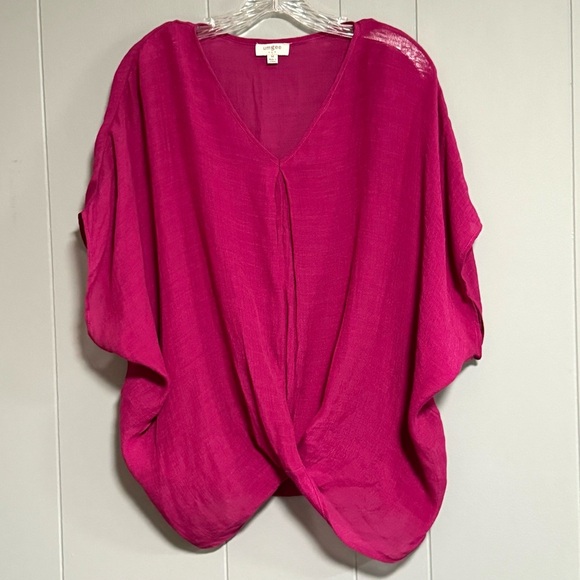 UMGEE Fuchsia Twisted Top Short Dolman Sleeves Loose Sheer Coastal Size Medium - Picture 1 of 8